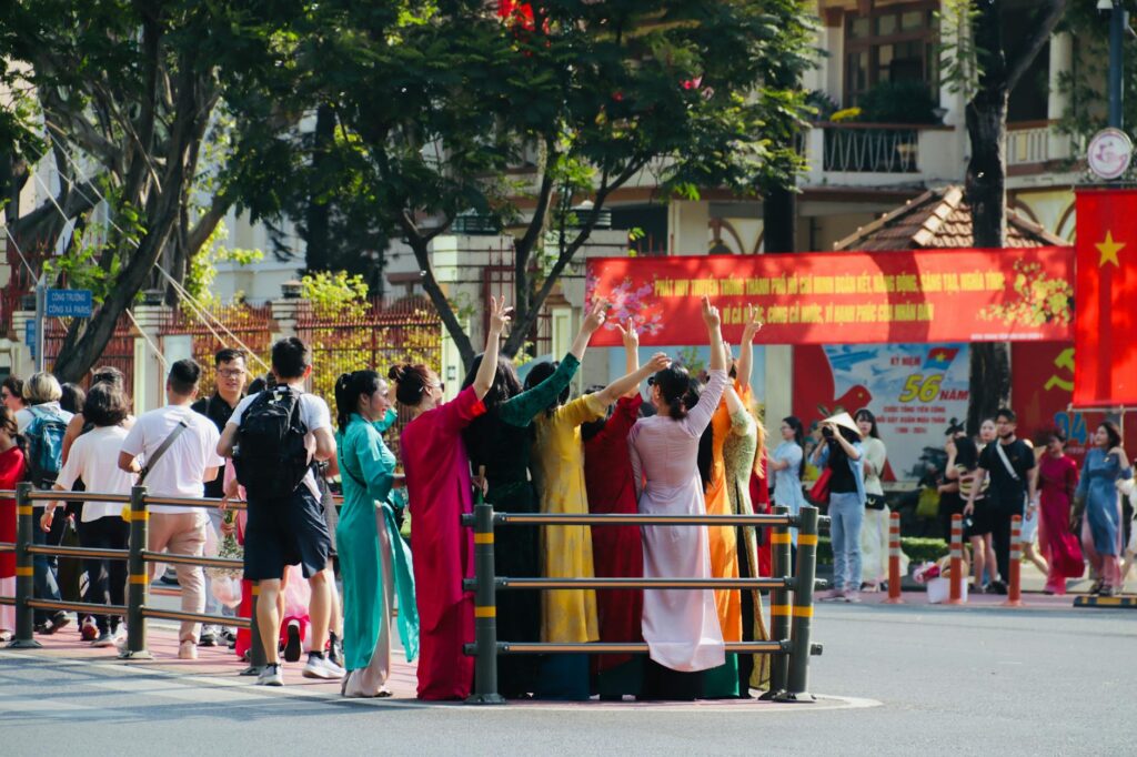 people in festival on street in vietnam