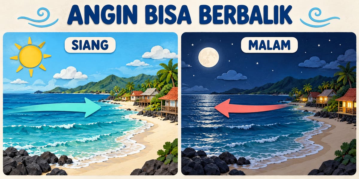 Ilustrasi ChatGPT arah angin dekat permukaan dari laut ke darat saat siang dan sebaliknya saat malam dalam pola ideal.