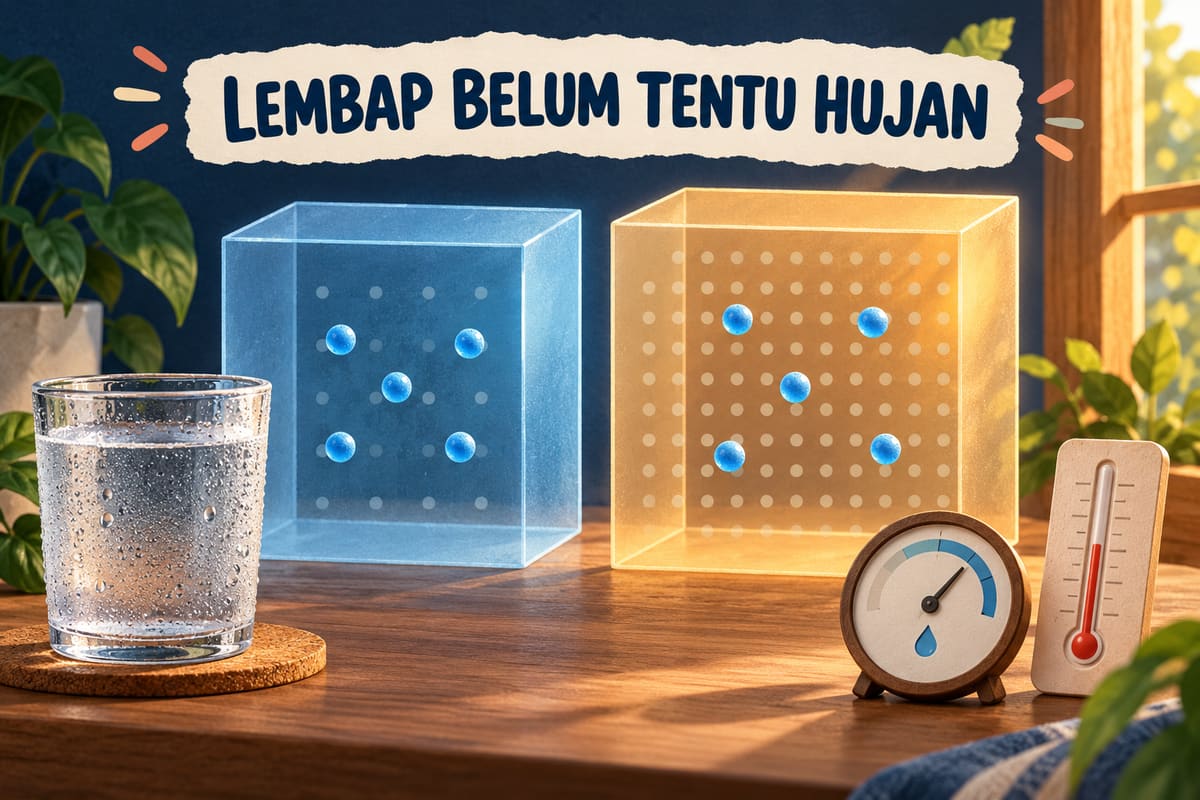 Ilustrasi ChatGPT tentang udara sejuk dan hangat, uap air, serta pengembunan pada gelas.