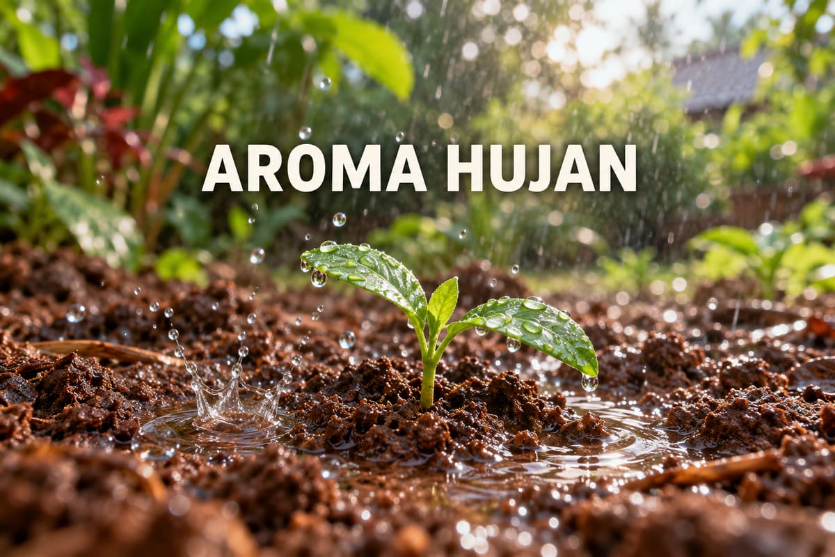 Tetes hujan pada tanah dan bibit tanaman, dengan tulisan singkat Aroma Hujan. Ilustrasi foto hasil generasi ChatGPT.