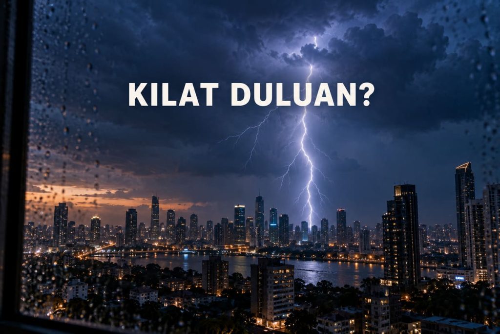 Kilat di atas kota dilihat dari jendela, dengan tulisan Kilat Duluan? Ilustrasi foto hasil generasi ChatGPT.