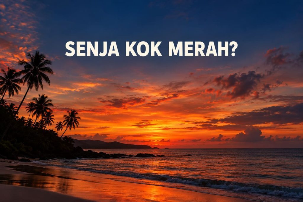 Langit senja jingga di pantai, dengan tulisan Senja Kok Merah? Ilustrasi foto hasil generasi ChatGPT.