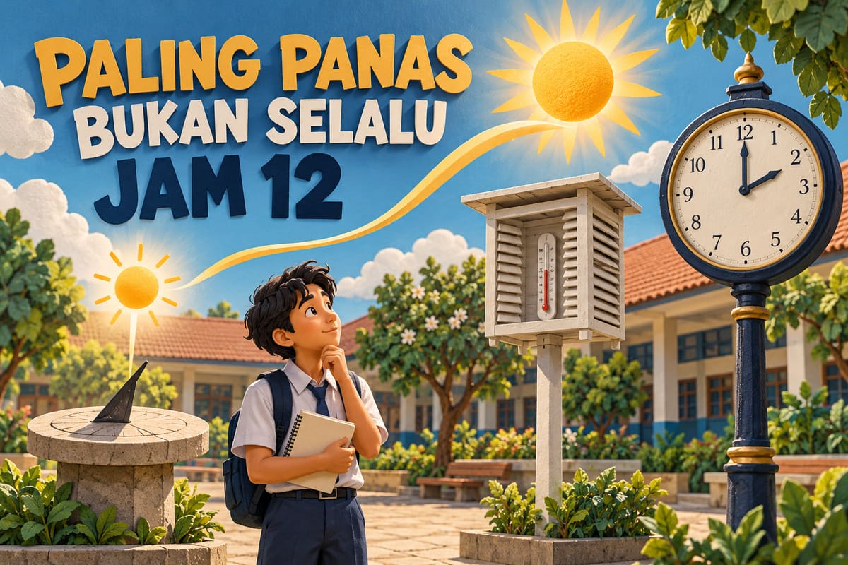 Ilustrasi ChatGPT pelajar mengamati jam dan alat ukur suhu di halaman sekolah.