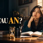 Ilustrasi AI jam pasir, buku, dan model gedung kampus dengan tulisan A atau An.