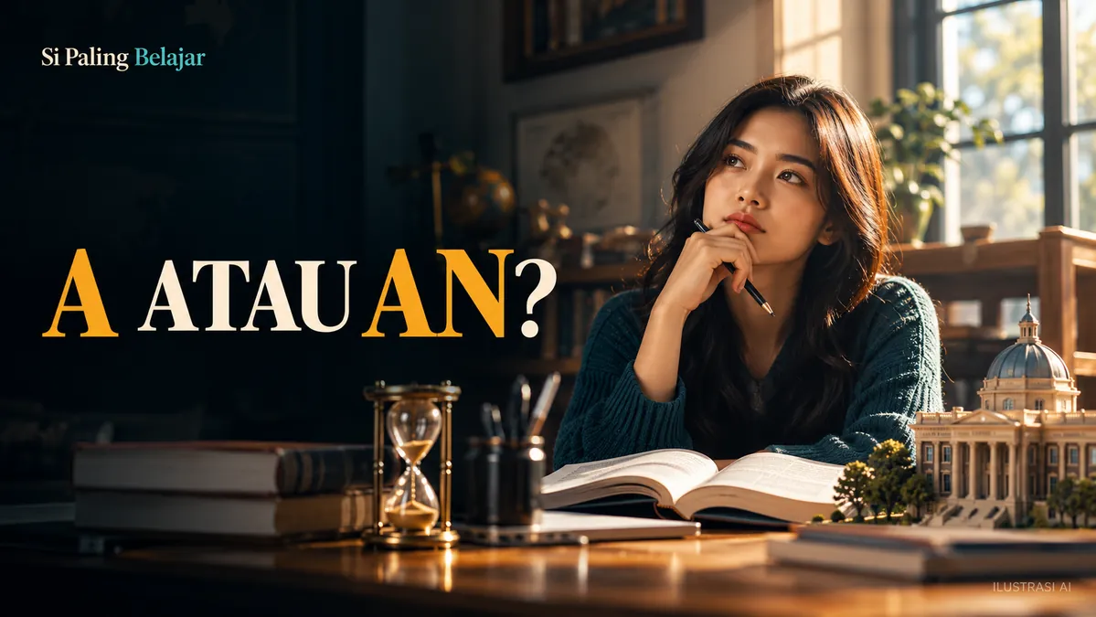Ilustrasi AI jam pasir, buku, dan model gedung kampus dengan tulisan A atau An.