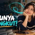 Ilustrasi AI seseorang melepas earbud sambil tersenyum bingung, dengan tulisan Lagunya Nyangkut.