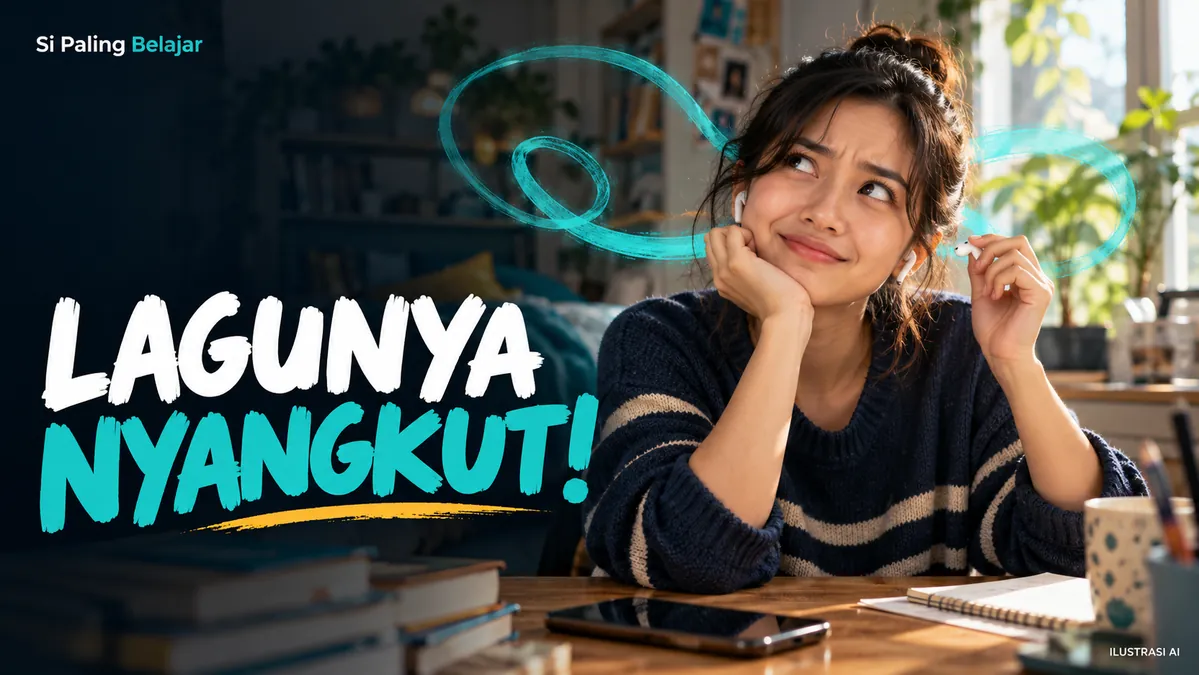 Ilustrasi AI seseorang melepas earbud sambil tersenyum bingung, dengan tulisan Lagunya Nyangkut.