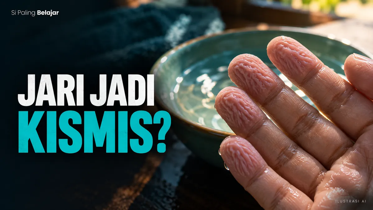 Ilustrasi AI ujung jari basah dengan keriput sementara setelah terendam air, dengan tulisan Jari Jadi Kismis.