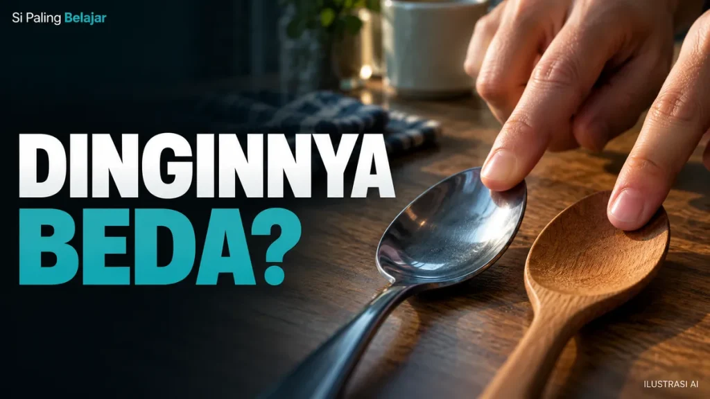 Ilustrasi AI jari menyentuh sendok logam dan sendok kayu pada meja yang sama, dengan tulisan Dinginnya Beda.