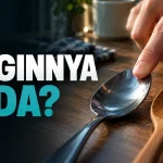 Ilustrasi AI jari menyentuh sendok logam dan sendok kayu pada meja yang sama, dengan tulisan Dinginnya Beda.