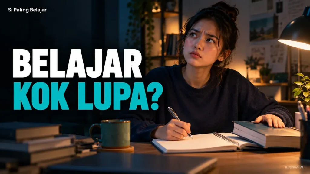 Ilustrasi AI pelajar menutup buku dan menulis dari ingatan, dengan tulisan Belajar Kok Lupa.