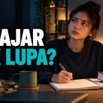 Ilustrasi AI pelajar menutup buku dan menulis dari ingatan, dengan tulisan Belajar Kok Lupa.