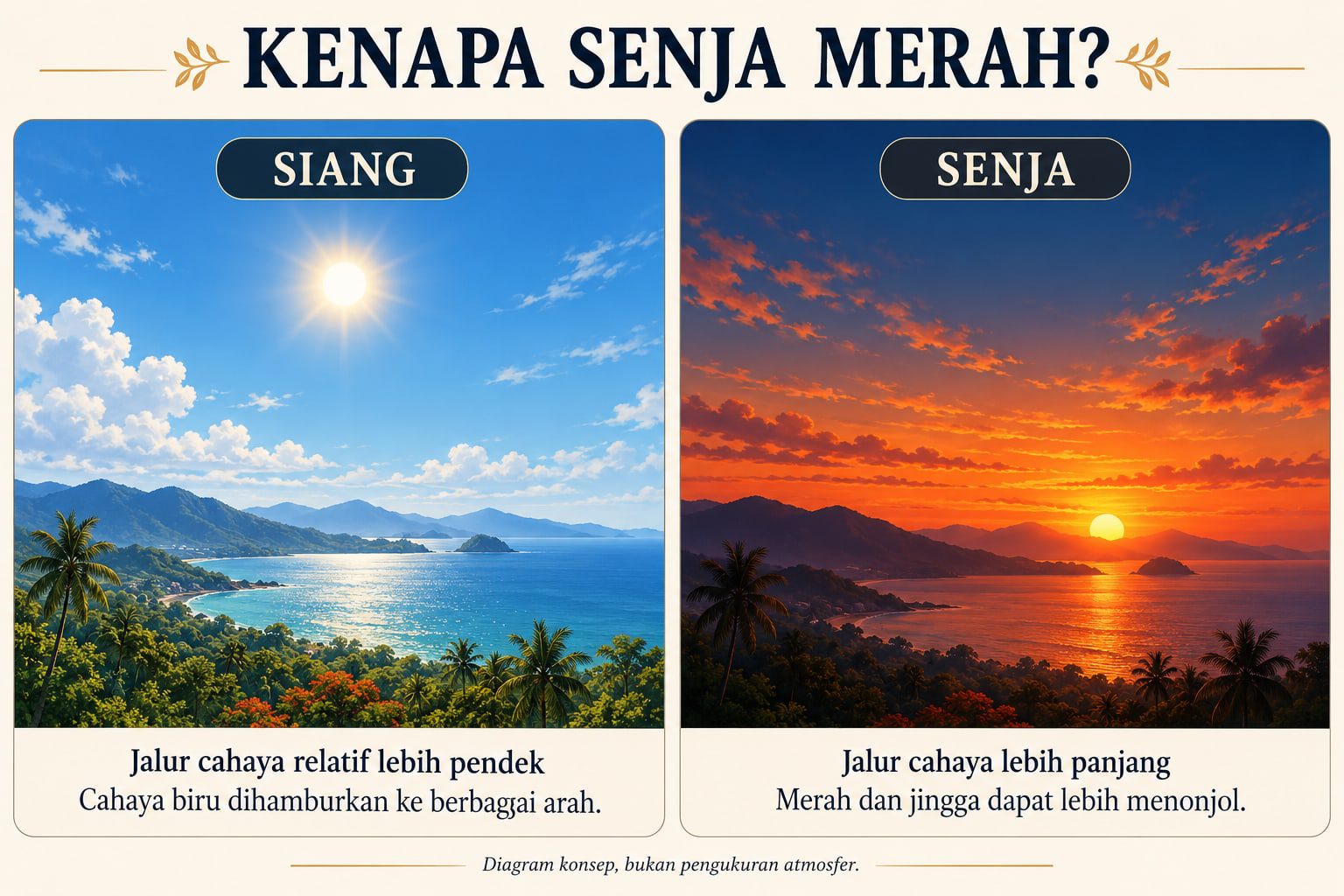 Infografis perbandingan siang dan senja: jalur cahaya lebih panjang saat senja dan warna merah-jingga dapat lebih menonjol.