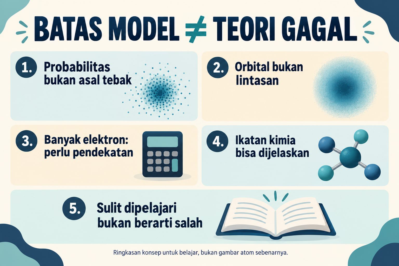 Lima pengingat: probabilitas bukan asal tebak, orbital bukan lintasan, banyak elektron perlu pendekatan, ikatan kimia bisa dijelaskan, dan kesulitan belajar bukan kesalahan teori.