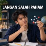 Pelajar memeriksa model molekul dengan tulisan Jangan Salah Paham. Foto konseptual hasil generasi ChatGPT.