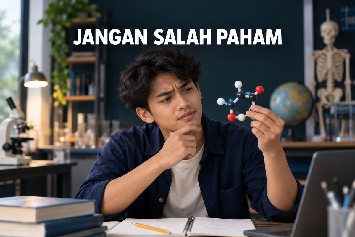 Pelajar memeriksa model molekul dengan tulisan Jangan Salah Paham. Foto konseptual hasil generasi ChatGPT.