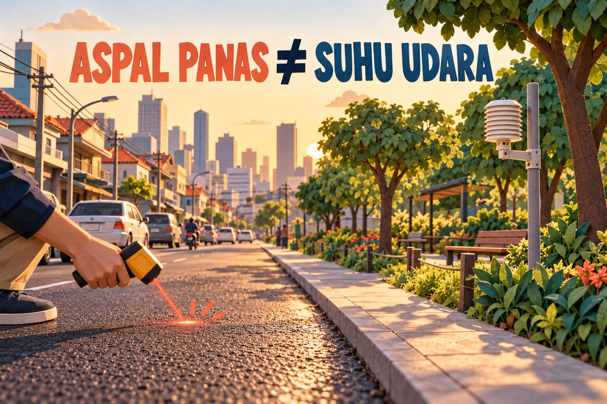 Ilustrasi ChatGPT alat ukur permukaan aspal dan sensor suhu udara di lingkungan kota.